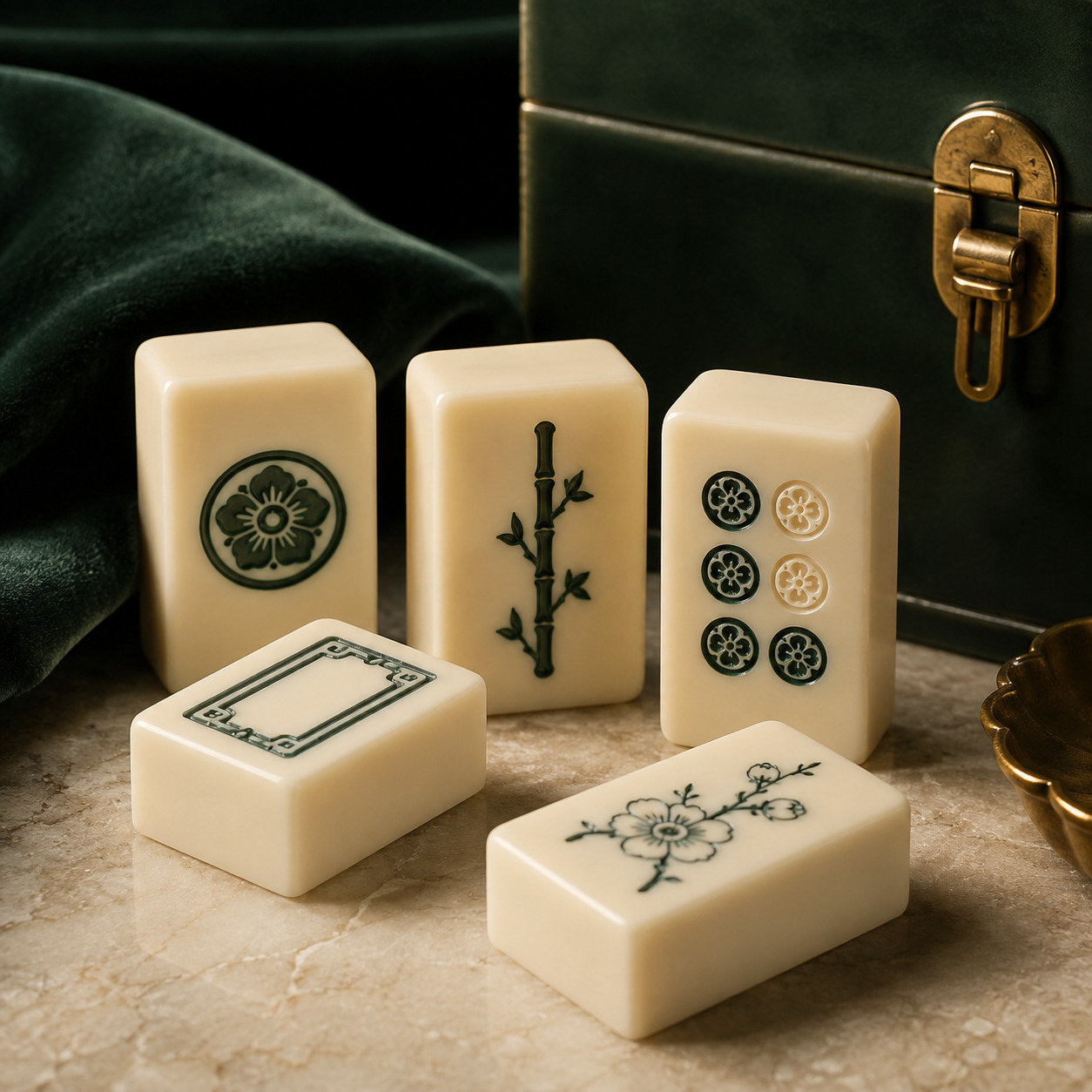 Ivory mahjong tiles beside a deep jade case